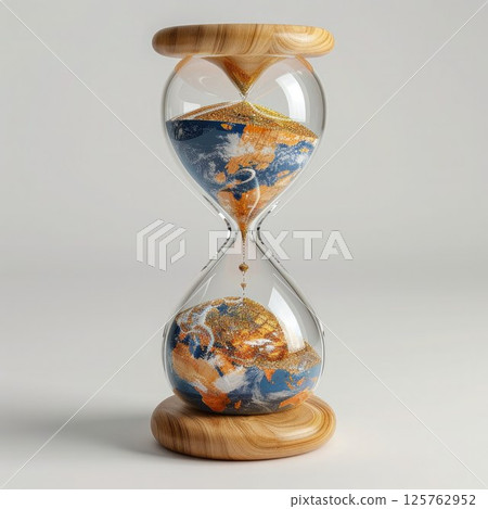 A glass hourglass with Earth inside symbolizes the planet's fragile state and the urgency of climate action as time runs out to protect our world.. 125762952