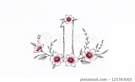 Floral Number One: A delicate watercolor illustration of the number "1" intertwined with a garland of pink flowers and leafy branches, creating a visual representation of elegance and freshness. 125763003