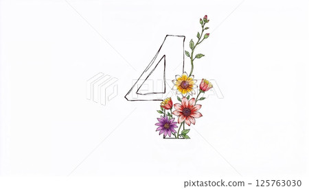 Floral Numerology: A watercolor style illustration showcases the number "4" adorned with vibrant flowers. This visual combines the precision of numerals with the natural elegance of botanicals. 125763030