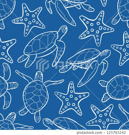 Sea Turtle Seamless Pattern on Blue Background Vector Sea Turtle Seamless Pattern on Blue Background Vector 125763242