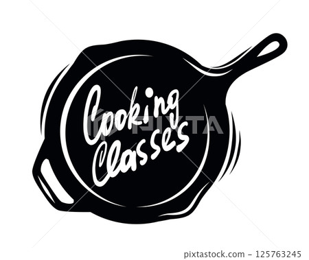 Cooking Classes Logo with Lettering Words on Pan Silhouette 125763245