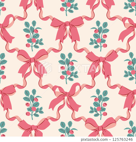 Bows and Lingonberry Branches Seamless Pattern Vector Illustration 125763246