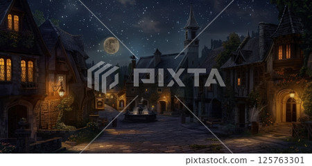 Medieval village at night, illuminated by the soft glow of lanterns and torches. Medieval village at night, illuminated by the soft glow of lanterns and torches. 125763301