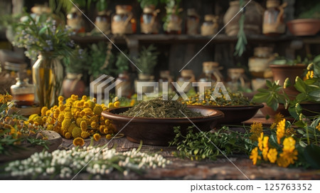 Modern Herbalists Workspace Apothecary Background 125763352