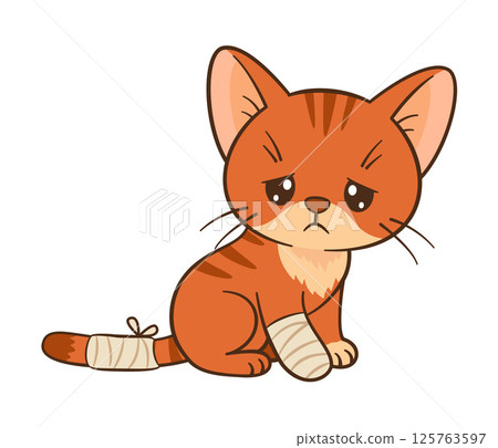 Sad cartoon kitten sits with bandaged paw and tail. Chibi cat Flat style 125763597