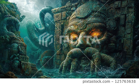 Ancient temple and Cthulhu statue lying at the bottom of the sea 125763638