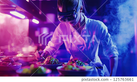 A futuristic chef's digital kitchen cooking in VR 125763661