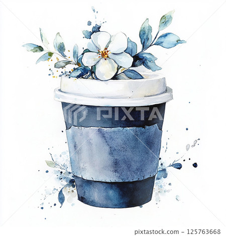 Watercolor coffee with flowers and leaf on white background. Botanical clipart with drink for design Watercolor coffee with flowers and leaf on white background. Botanical clipart with drink for design 125763668