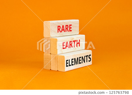 Rare earth elements symbol. Concept words Rare earth elements on beautiful wooden block. Beautiful orange table orange background. Business and rare earth elements concept. Copy space. 125763798