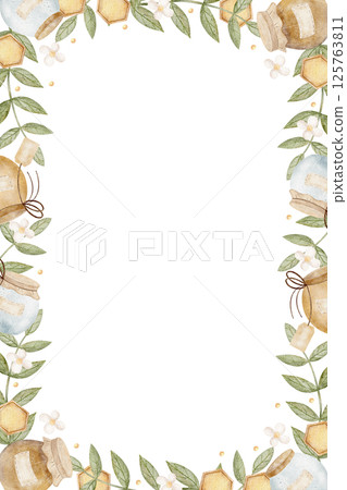 Watercolor frame honey jars, honeycomb in chamomile flowers, green leaves. Hand drawn illustration on isolated background, retro style for invitation design templates, cards, product, food, copy space 125763811
