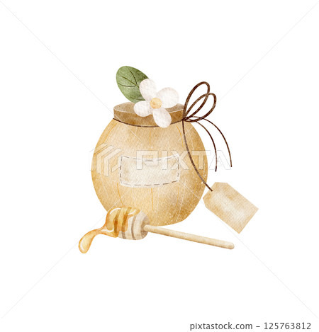 Watercolor illustration of a jar, a spoon of honey with a label in a retro style drawn by hand. The composition is isolated from the background for a greeting card, a product label, clothes, tableware 125763812