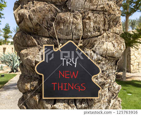 Try new things symbol. Concept words Try new things on beautiful black blackboard. Beautiful palm tree background. Business motivational lifestyle try new things concept. Copy space. 125763916