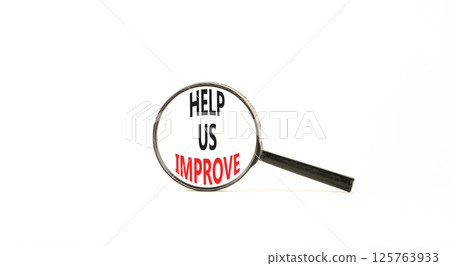 Help us improve symbol. Concept words Help us improve on beautiful black magnifying glass. Beautiful white background. Business motivational help us improve concept. Copy space. 125763933