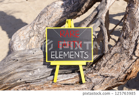 Rare earth elements symbol. Concept words Rare earth elements on beautiful blackboard. Beautiful old tree and sand beach background. Business and rare earth elements concept. Copy space. 125763985