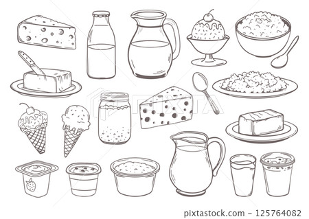 Milk products set. Hand drawn dairy products. Milk, cheese, yogurt, sour cream, ice cream, butter. Doodle sketch icons. Milk products set. Hand drawn dairy products. Milk, cheese, yogurt, sour cream, ice cream, butter. Doodle sketch icons. 125764082