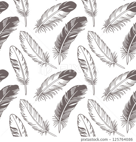 Seamless pattern with hand drawn elegant feathers. Illustration in grey and white colors. Seamless pattern with hand drawn elegant feathers. Illustration in grey and white colors. 125764086