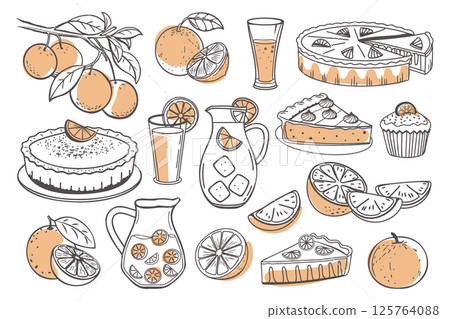 Set of hand drawn illustrations of oranges, juice and orange desserts. Oranges, juice, orange pie, cake, cupcake. Hand drawn sketch illustration. Set of hand drawn illustrations of oranges, juice and orange desserts. Oranges, juice, orange pie, cake, cupcake. Hand drawn sketch illustration. 125764088