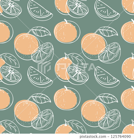 Oranges and slices with leaves seamless pattern. Hand drawn citrus outline on green background. Illustration. 125764090