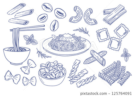 Hand drawn pasta set. Various Mediterranean pasta. Italian food illustrations for cafe or restaurant menu. Doodle sketch icons. Hand drawn pasta set. Various Mediterranean pasta. Italian food illustrations for cafe or restaurant menu. Doodle sketch icons. 125764091