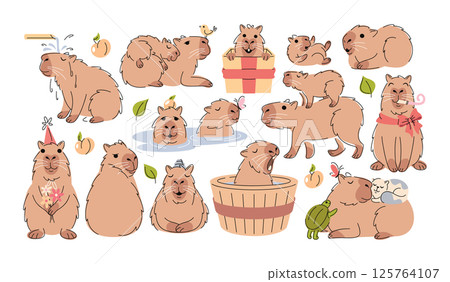 Cute capybara exotic animals doodle hand drawn characters isolated childish set on white background 125764107
