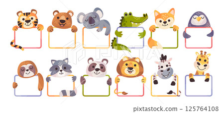 Cute cartoon animals with frames blank empty space, wild zoo characters holding banners isolated set 125764108