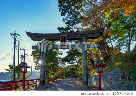 The torii gates of Nikko Futarasan Shrine, a historic shrine decorated with autumn leaves and stone pavement 125764109