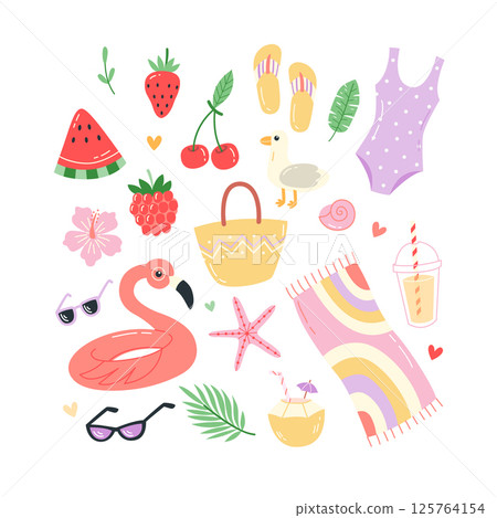 Hand Drawn Summer Beach Clipart Set with Inflatable Flamingo Float, Fruits, and Tropical Elements Hand Drawn Summer Beach Clipart Set with Inflatable Flamingo Float, Fruits, and Tropical Elements 125764154