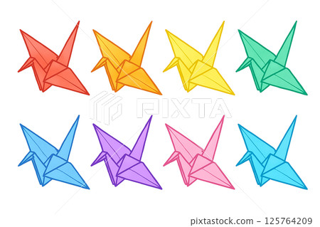 Colorful origami crane illustration set | Japanese-style material in 8 colors including red, yellow, and blue (transparent PNG) 125764209