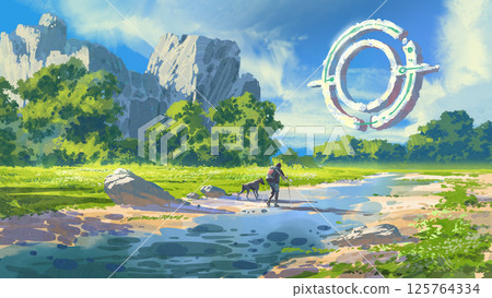 Traveler and Dog Walk Beneath Floating Ring Structure Traveler and Dog Walk Beneath Floating Ring Structure 125764334