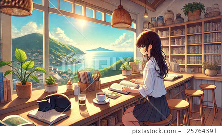 A woman studying in a cafe with an ocean view A woman studying in a cafe with an ocean view 125764391