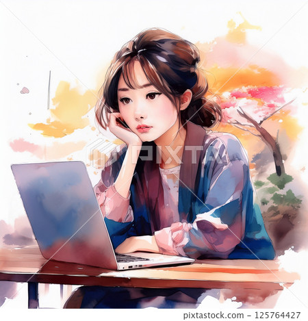 A young woman looking bored in front of a laptop 125764427