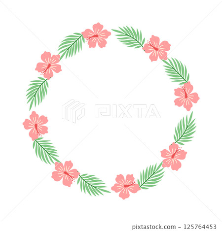 Tropical floral wreath with hibiscus flowers and palm leaves 125764453