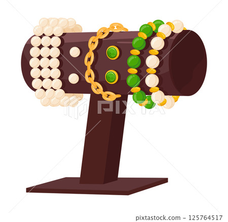 Bracelets holder. Glamorous jewelry with pearls, bijouterie bracelets and earrings holder flat vector illustration. Cartoon jewelry shop showcase 125764517