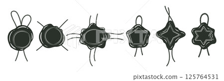 Postal wax seal silhouettes. Vintage postage wax seals with jute cord, monochrome wax stamps flat vector illustration set. Cartoon wax seal collection Postal wax seal silhouettes. Vintage postage wax seals with jute cord, monochrome wax stamps flat vector illustration set. Cartoon wax seal collection 125764531