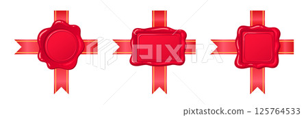 Retro wax seal. Cartoon red wax seal elements, postal wax seals, vintage paraffin stamps with silk ribbons flat vector illustration set. Wax seal collection 125764533