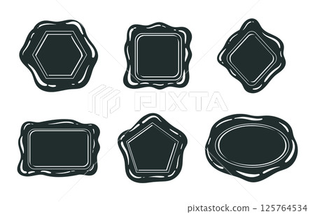 Vintage postal wax seal silhouettes. Postage wax seals, monochrome wax stamps flat vector illustration set. Cartoon wax seal collection 125764534