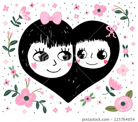 Cute mother and daughter vector floral design, with mom and child faces in a heart shape with pink flowers, Mother's Day greeting card or background 125764854