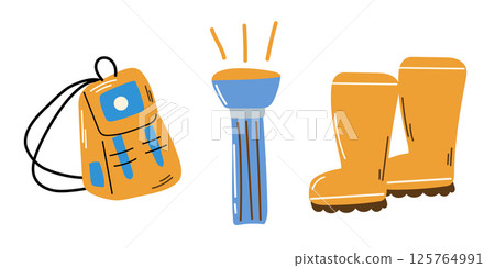 Campfire gear with backpack, rubber boots. Campfire gear with backpack, rubber boots. 125764991