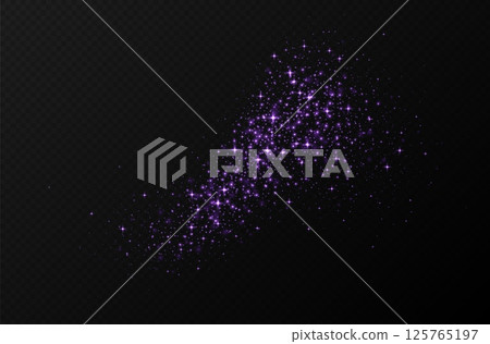 Purple sparkling stars, shiny particles light effect, transparent flying stardust texture 125765197