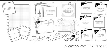 一套文具設計材料，包括備忘錄、筆記本、夾子、筆等。 125765513