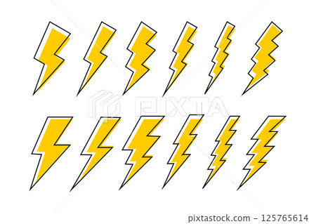 Set of thunderbolt icons. Flash light signs isolated on white background. Electricity, energy, power or battery charging symbols. Hazard, dangerous or powerful pictogram. Vector graphic illustration 125765614