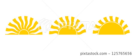 Groovy sun half shapes. Wavy yellow sunny rays. Sunrise or sunset symbols isolated on white background. Summer theme signs. Happy positive vibes concept. Vector flat illustration Groovy sun half shapes. Wavy yellow sunny rays. Sunrise or sunset symbols isolated on white background. Summer theme signs. Happy positive vibes concept. Vector flat illustration 125765656