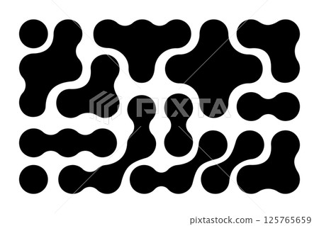 Metaball pattern. Liquid drops or morph shapes background. Organic blobs, neurons or molecules isolated on white background. Modern abstract wallpaper with connected dots. Vector graphic illustration 125765659