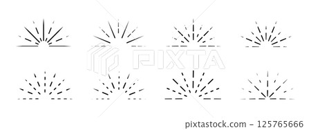 Fireworks icons. Sun rays symbols. Sunset or sunrise signs. Starburst, sunburst or sunbeam pictograms isolated on white background. Vector graphic illustration 125765666