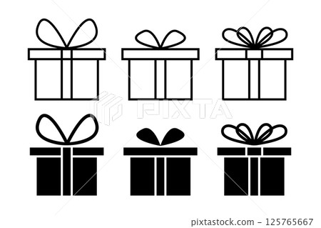Set of gift box icons and silhouettes. Symbols of present packages with ribbon bows isolated on white background. Birthday, wedding or Christmas giftboxes pictograms. Vector graphic illustration 125765667