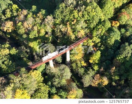[Hokkaido from the sky] A locomotive running on the Sumiyama River Bridge of the Mitsui Ashibetsu Railway 125765737