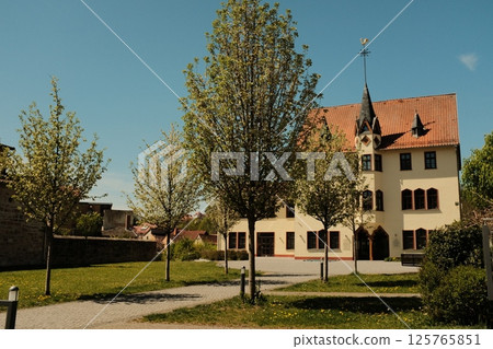 small town architectural elements with gravel path stone curb and decorative trees on sunny day. High quality photo 125765851
