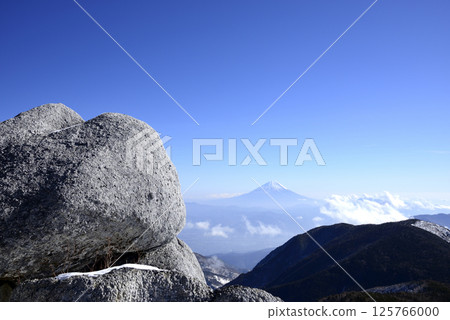從山梨縣鳳王三山的藥師山上看到的富士山和奇特的岩層 從山梨縣鳳王三山的藥師山上看到的富士山和奇特的岩層 125766000