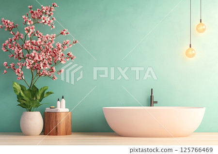 modern bathroom with black and white bathtub 125766469