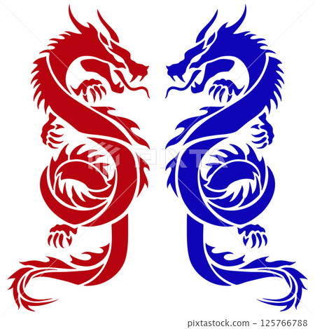 一條紅龍和一條藍龍面對面的剪影 125766788